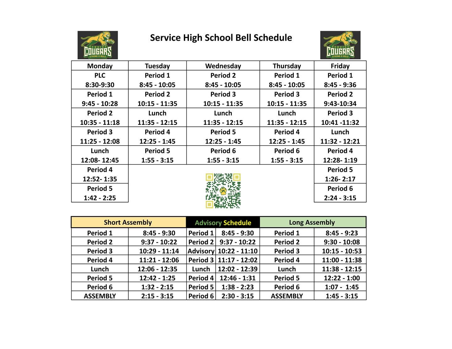 Service High 2025-2026 Bell Schedule